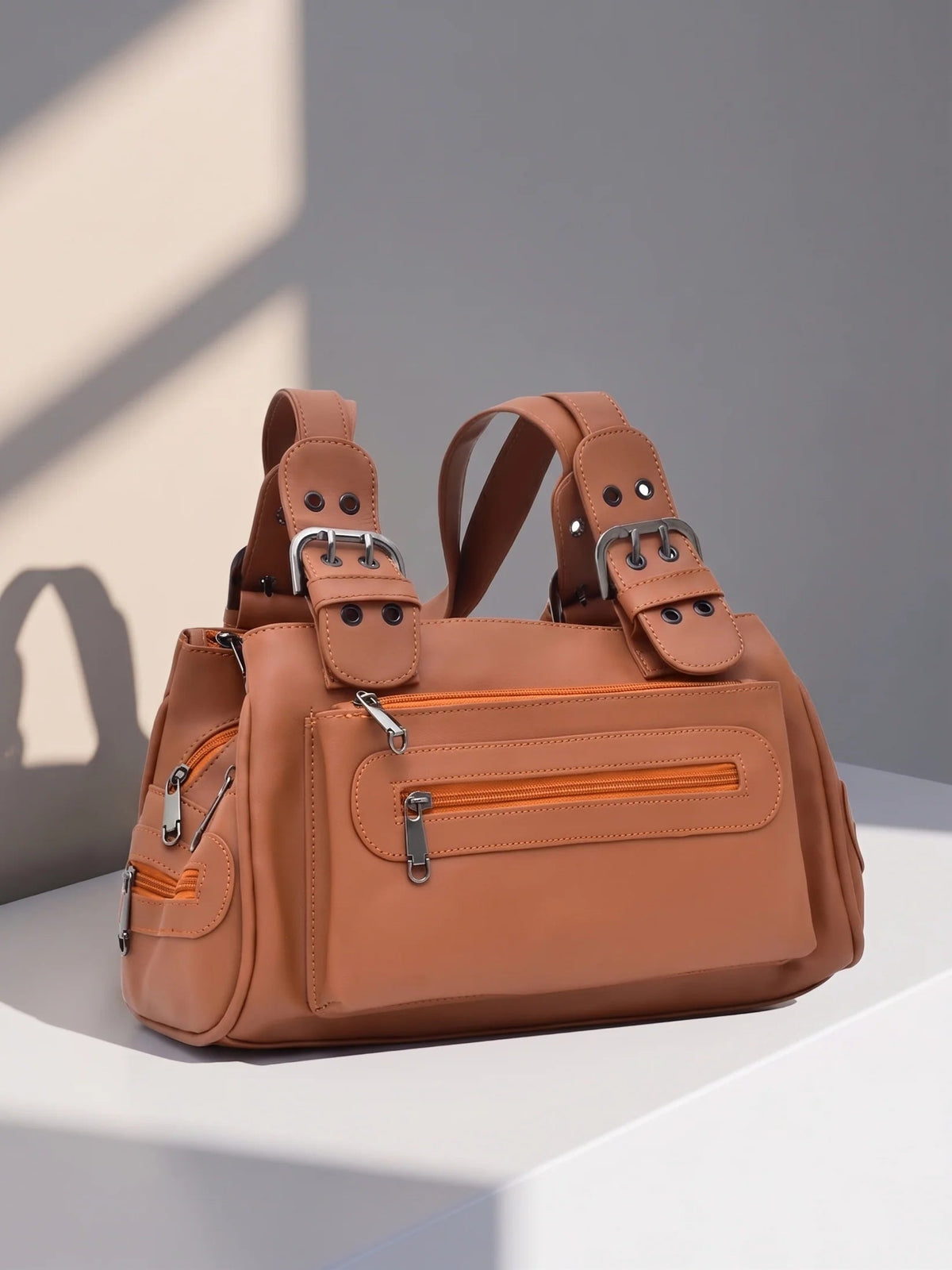 Women's Orange Multi-Pocket Satchel Handbag - image 1
